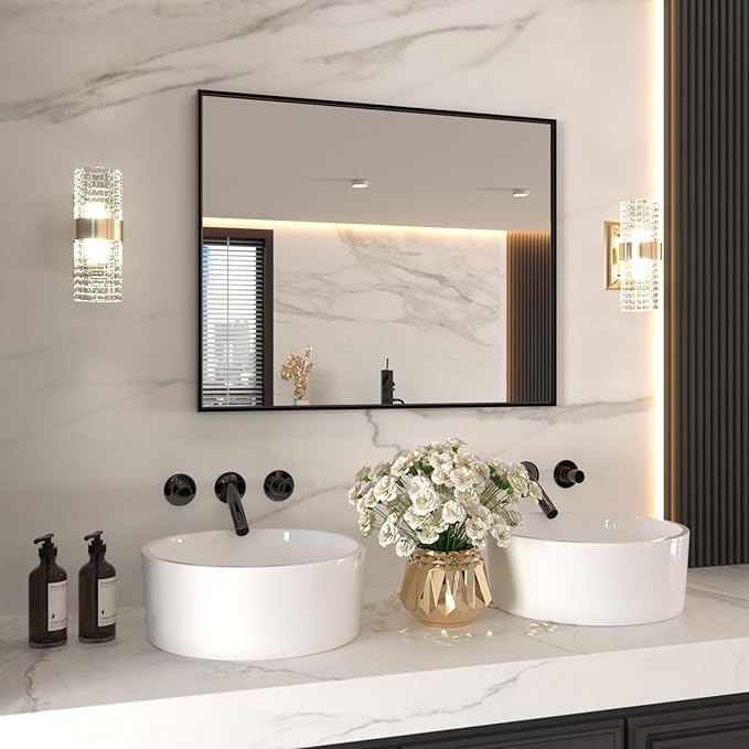 LOAAO 40"X32" Black Rectangle Bathroom Mirror Wall, Matte Black Aluminum Alloy