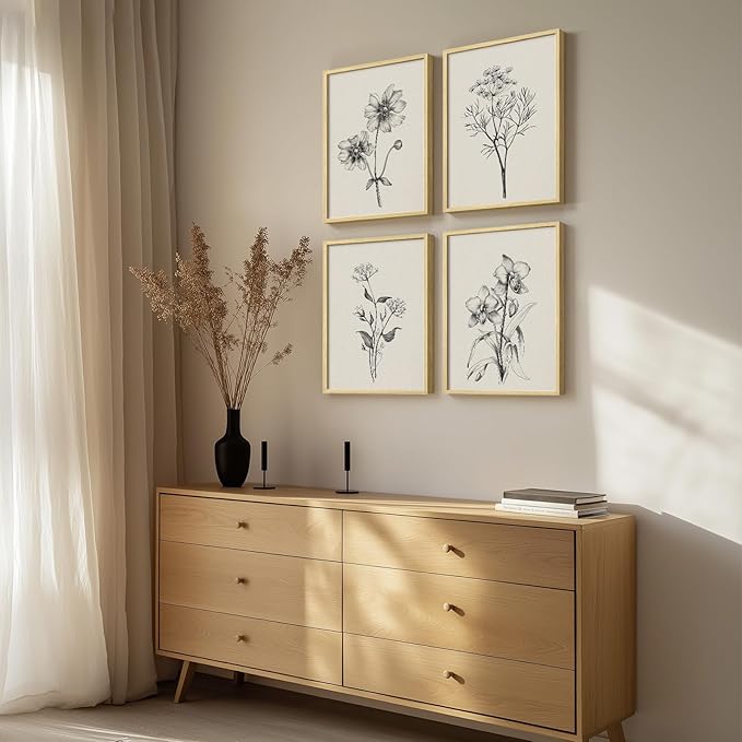 Framed Minimalist Black and White Floral Wall Art, 4 Piece Neutral Rustic