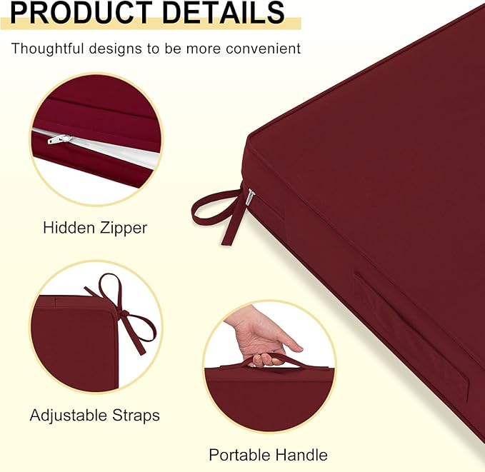 downluxe Outdoor Chair Cushions 22x22 with Removable Cover, Waterproof Patio Furniture Cushions, Deep Seat Cushions for Outdoor Furniture with Backrest for Sofa, Couch and Patio Chairs, Burgundy