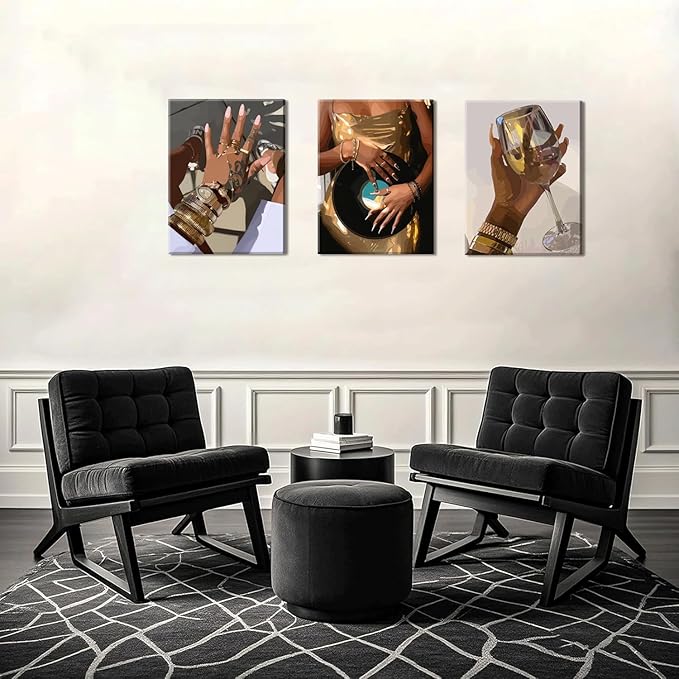 Black Girl wall Art Set of 3, African American Woman Wall Decor Fashion Gold