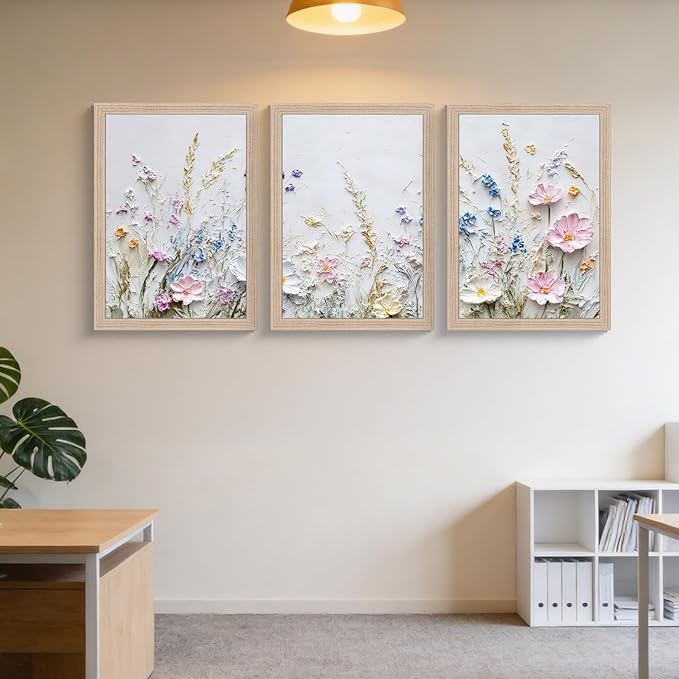 Framed 3D Floral Texture Canvas Wall Art Relief Textured Floral Oil Painting