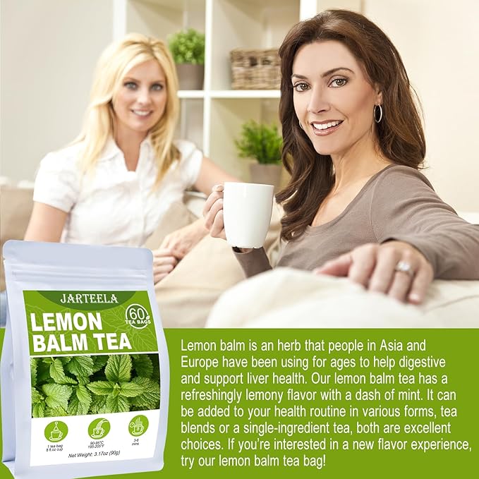 Jarteela Lemon Balm Tea, 1.5g x 60 Count - Natural Melissa Officinalis - Pyramid Herbal Lemon Balm Tea Bags for Digestion - Non-GMO - Caffeine-Free