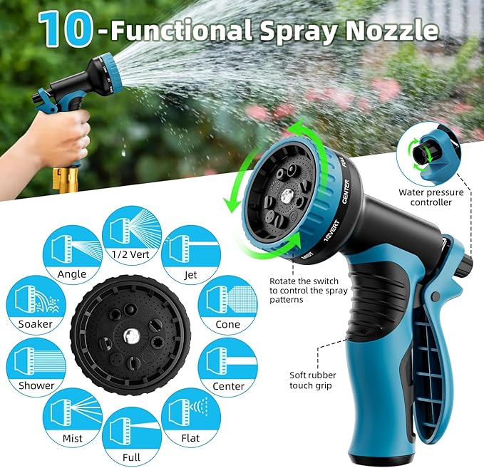 Garden Hose, Non-Expandable Water Hose 25 ft, Flexible, Kink & Leak Proof Water Pipe with 10-Function Spray Nozzle, Lightweight Outdoor Hose for Yard, Lawn, Car Wash, RV and Home Use