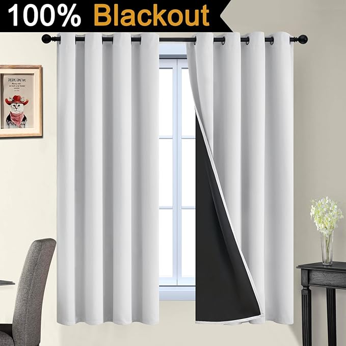 Yakamok 100% Blackout Curtains 63 Inches Long, 2 Thick Layers Heat and Full