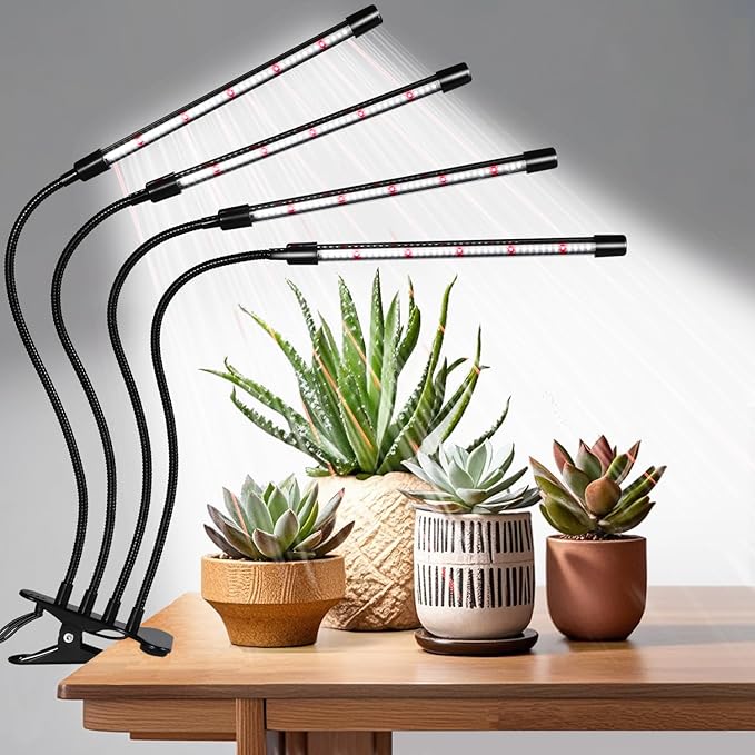 Hywyimlait Black Clip Grow Lights for Indoor Plants, 168 Full Spectrum LEDs Clip Plant Growing Lamps with Flexible Gooseneck and 4/8/12/18H Timer, 3 Spectral Modes, 10 Dimmable Levels (4 Head 1 Pack)