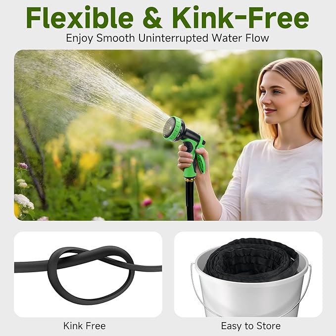 Garden Hose 50 FT, Non-Expanding Lightweight High-Pressure Water Hose with 10 Spray Nozzle, Portable No Kink Flexible Garden Hoses Pipe for Outdoor, Lawn, Yard, Car, House(500 PSI Max, 3/4" GHT)
