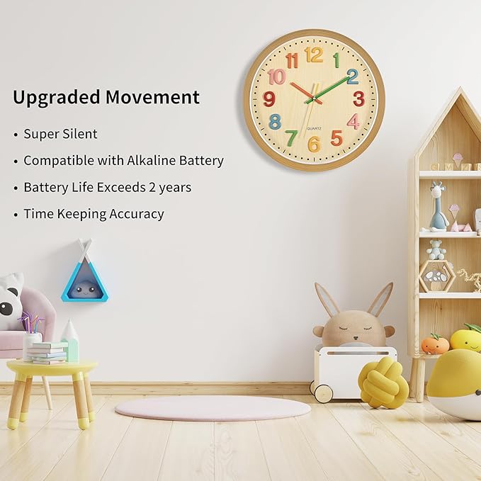 Foxtop Silent Kids Wall Clock Non-Ticking Battery Operated Colorful Childrens