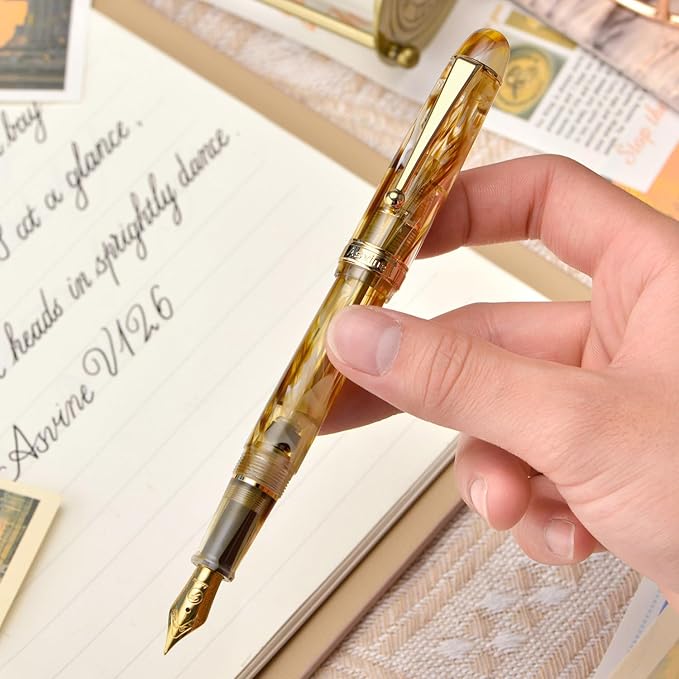 Asvine V126 Vacuum Filling Fountain Pen Brown Swirl Transparent Acrylic, Medium Nib Large-Capacity with Gift Case