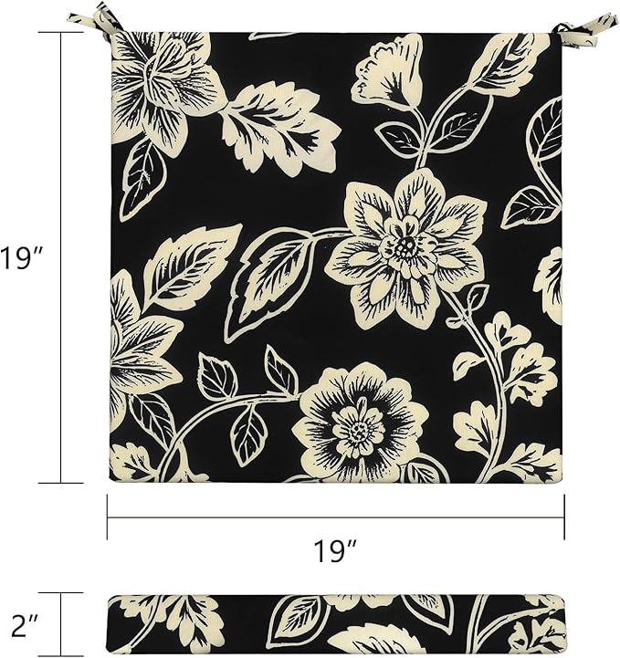 LVTXIII Outdoor Seat Cushions Set of 4 Square Corner Chair Cushions with Ties, Patio Chair Pads for Home Office and Patio Garden Furniture Decoration 19"x19"x2", Elegant Vines Black