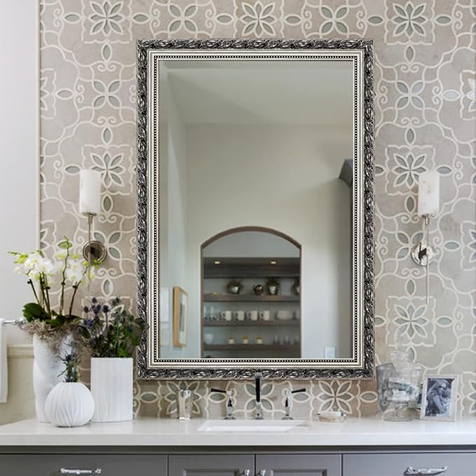 HA Bathroom Mirrors 40x24 Inch for Wall, Rectangle Silver Frame Wall Mounted