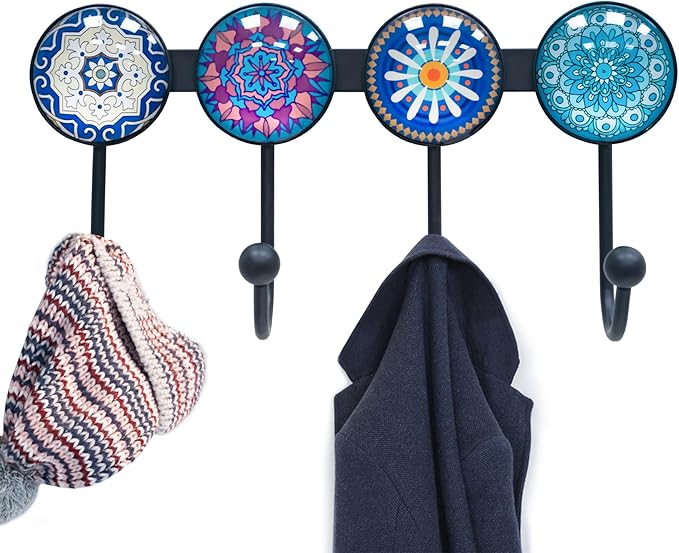 Coat Rack Wall Mounted with 4 Hooks, Round Blue Pattern Decorative Wall Hooks