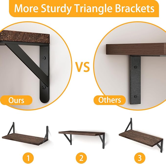 YGEOMER Floating Shelves for Wall, Different Sizes Dark Carbonized Brown Wall