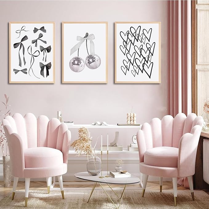BOKPEN 3pcs Black and White Trendy Preppy Wall Art Bows Disco Ball Many Heart