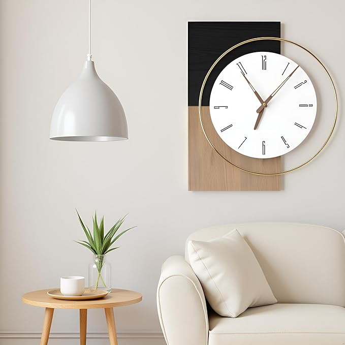 19x16 Inch Modern Silent Wall Clock Battery Operated, Wooden Farmhouse