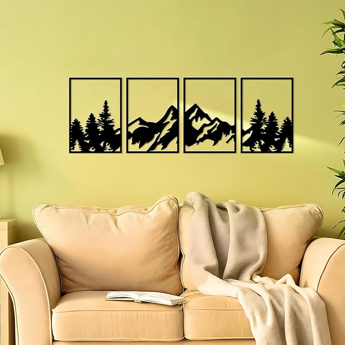ESTART 4 Pcs Metal Wall Art, Large Mountains Wall Decor, Art Wall Décor Suitable For Living Room Dining Room Bedroom Office Indoor And Outdoor (Mountain Forest)