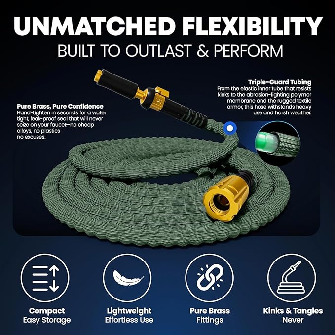 TITAN Flexible Garden Hose 100FT – Ultra Lightweight, Heavy Duty Water Hose with Brass Fittings & Jet Nozzle – Kink-Free, Non-Expanding, Durable Fabric Hose for Yard, Lawn, Car Wash, Outdoor Use