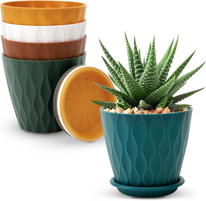 4 inch Plant Pots, 5 Pack Flower Pots Outdoor Indoor, Planters with Drainage Holes and Tray Saucersï¼ï¼Multicolorï¼