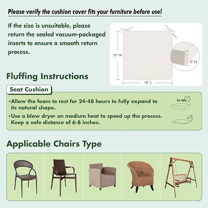 MIULEE Cream White Outdoor Chair Cushions Set of 2, 19x19x3 Inch Waterproof Patio Seat Cushions for Outdoor Furniture Couch Sofa, 3 Year Color Fastness High Density Foam with Adjustable Ties