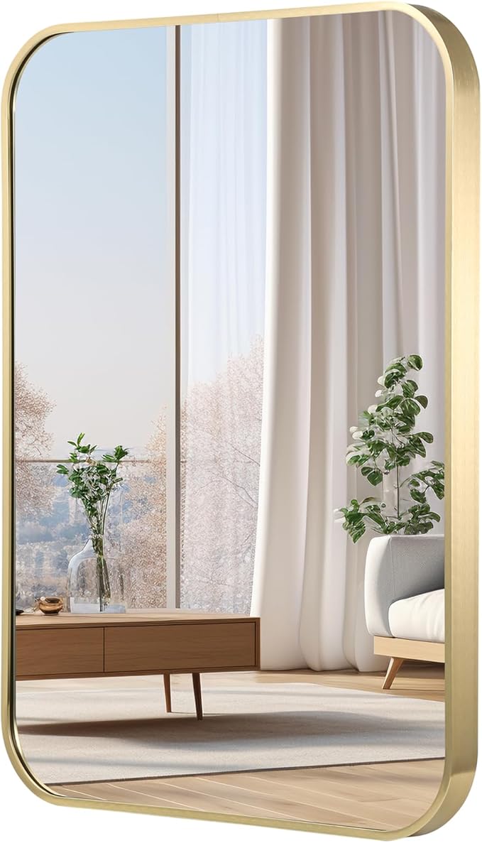 48x30 Inch Gold Bathroom Mirror, Brushed Gold Metal Framed Rectangular Mirror