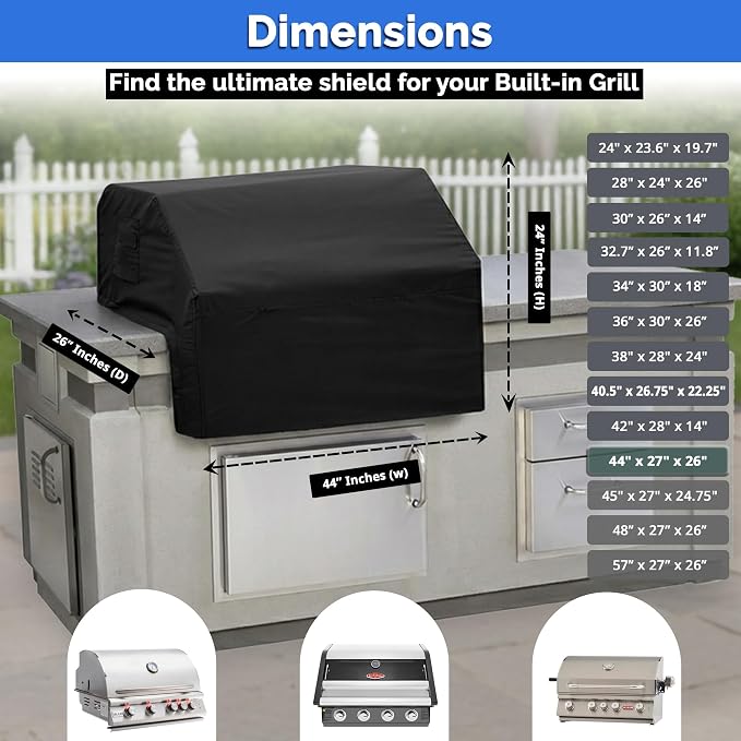 Covers & All Built-in Grill Cover for Outdoor Grill – Heavy Duty 12 oz Waterproof Built-in BBQ Grill Cover, PVC-Coated Polyester with Elastic Hem for Snug Fit (44 x 26 x 24 inches, Black)
