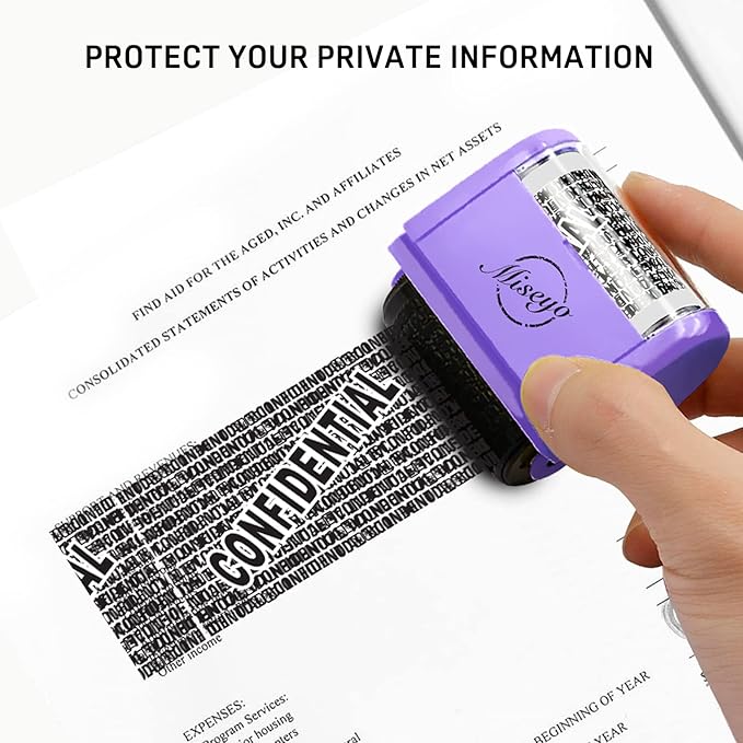 Miseyo Identity Theft Protection Roller Stamp Set - Purple (6 Refill Ink Incleded)