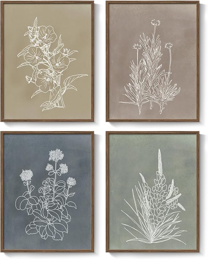 Framed Boho Botanical Wall Art for Living Room, 4 Piece Rustic Floral Canvas