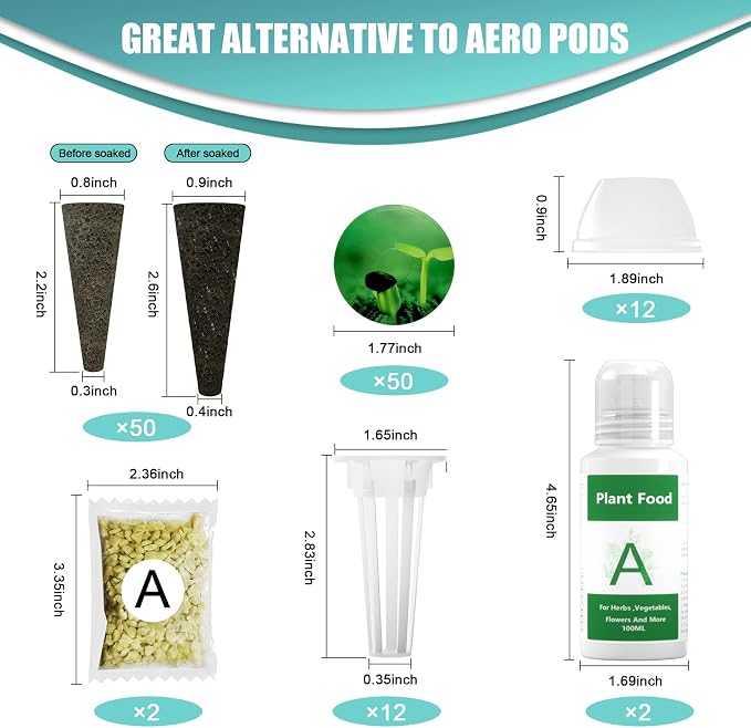 128 pcs Seed Pod Kit for Aerogarden, Grow Anything Kit for Indoor Hydroponics Growing System, Hydroponics Supplies with 50 Grow Sponges, a&b Nutrient Plant Food, 50 Pod Labels, 12 Plant Baskets Domes