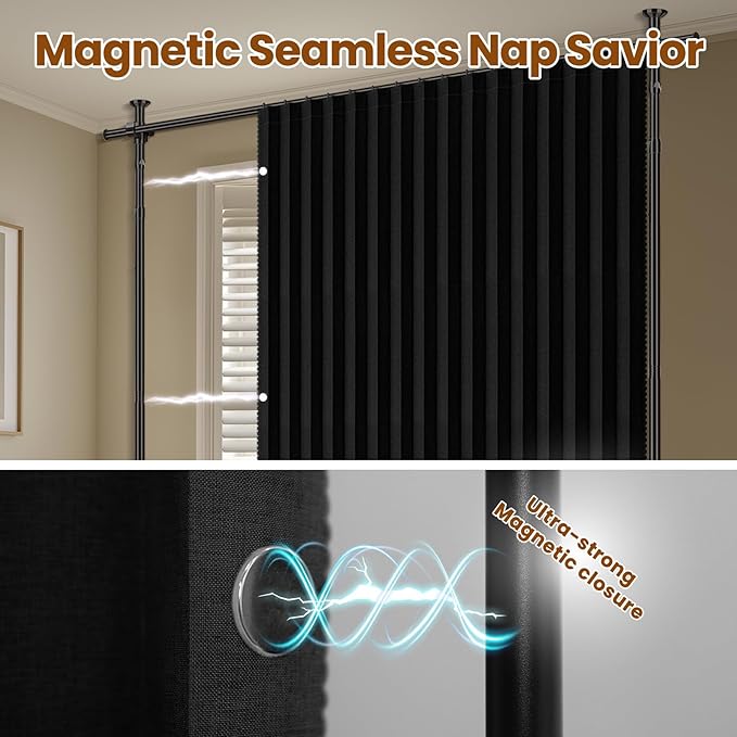 100% Blackout Room Divider Curtains Sets Black 2 Panels W100 x L84in No Drill