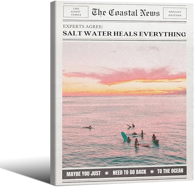 Pink Beach Newspaper Posters Vintage Fashion Coastal Girl Surf Wall Art 12X16