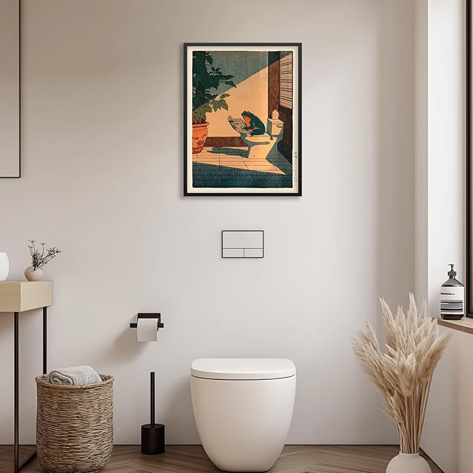 Vintage Japanese Black Framed Wall Art Funny Frog Bathroom Canvas Print Cute