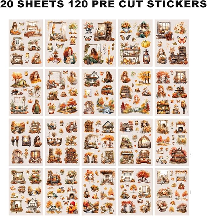 Auguro PET 20 Sheets 120 Pre-Cut Fall Stickers for Scrapbooking Landscape People Scrapbook Sticker Transparent Stickers for journaling