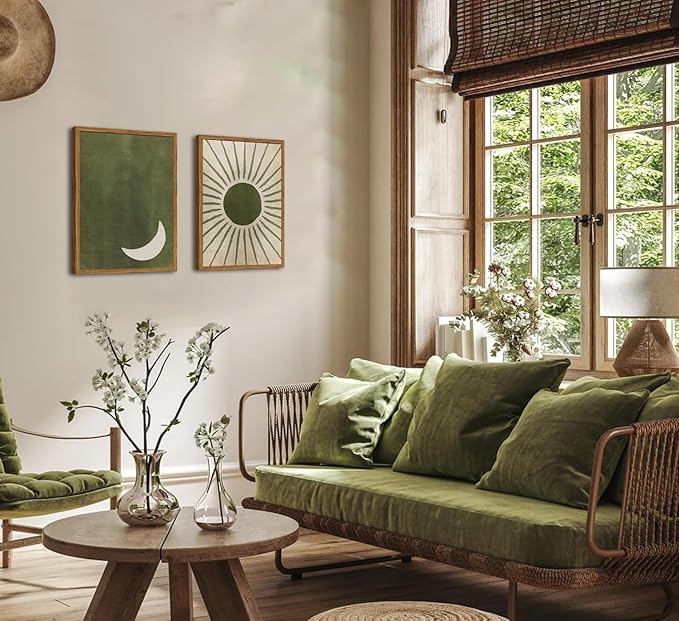 Framed Boho Sun and Moon Canvas Wall Art Set of 2, Vintage Sage Green Bohemian