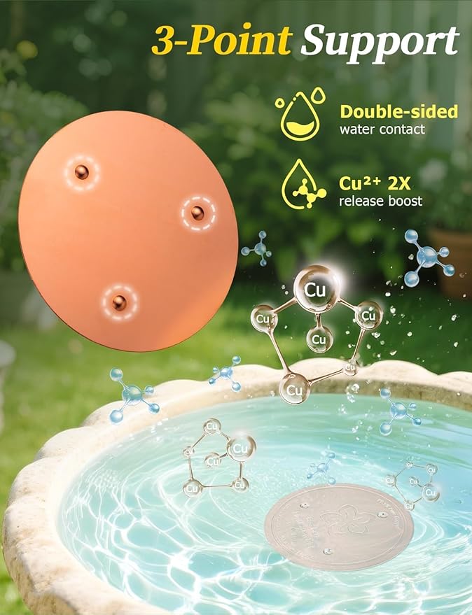 Mellbree 4-Pack Bird Bath Copper Disc, 0.6mm Reinforced 99.99% Pure Copper Cleaning Disk with Triple-Point Support for Physical Safe Clean Water All-Season (Flower)