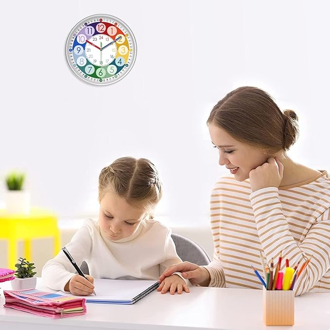 XFM 2 Pieces Learning Clock for Kids 8 Inch Silent Wall Clocks Battery Operated