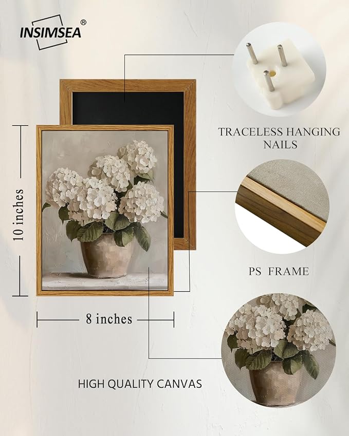 InSimSea Framed Canvas Wall Art Vintage Decor, Hydrangea Floral Pictures Bathroom Wall Decor Aesthetic, Living Room Bedroom Flower Home Retro Decorations, 8"x10"