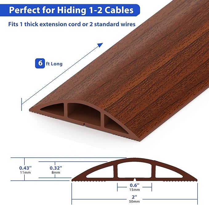 Floor Cord Cover 6ft, Brown Walnut Wood Cord Hider Floor Hide Extension Cords, Floor Cable Management Floor Cable Cover Wire Covers for Cords, Cable Protector Cord Cavity W0.6in x H0.32in