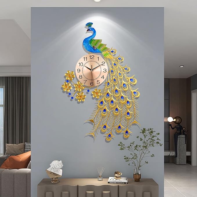 Large Peacock Wall Clock for Living Room Decor, Mid Century Decorative Big Wall