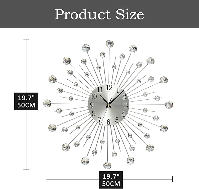 Large Metal Decorative Wall Clocks Silent Non-Ticking, Bling Shining Modern Art