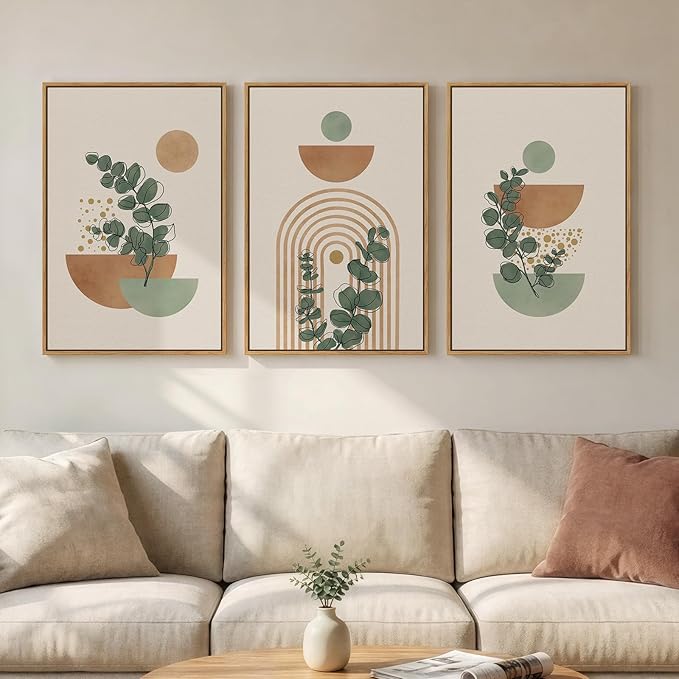 Framed Abstract Boho Wall Art for Living Room, Large Botanical Sage Green Plant