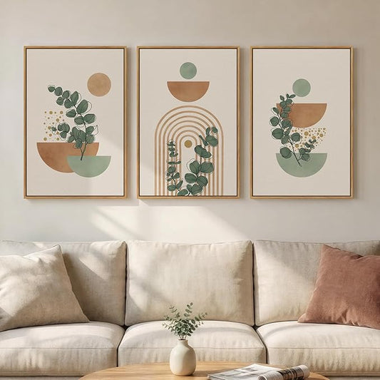 Framed Abstract Boho Wall Art for Living Room, Large Botanical Sage Green Plant