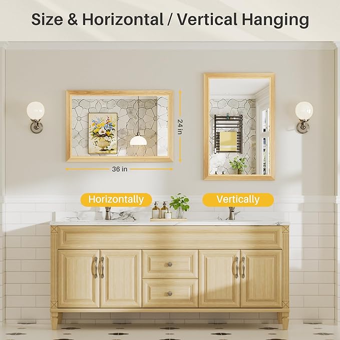 24x36 Inch Bathroom Mirror for Wall, Anti-Rust Oak Wood Grain Metal Framed