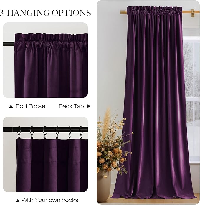 NICETOWN Purple Velvet Curtains 90 inch Long