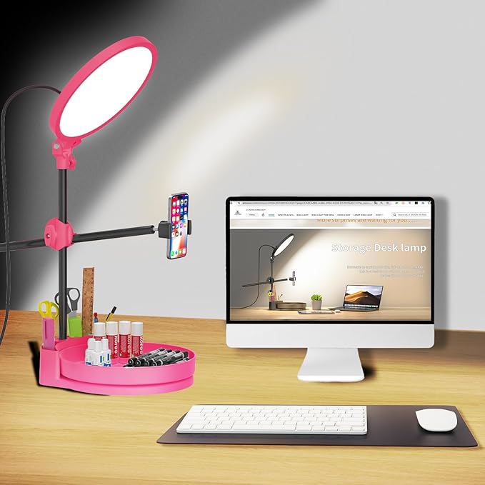 Selfie Light Kit for Desk and Laptop,55W Dimmable Full Screen Ring Light,with Rotating Storage Box,Pen Holder Stand,Phone Holder and Controller (red, 10.5)