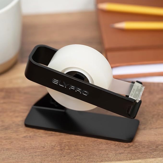 ELYPRO Modern Tape Dispenser for Office Desk - Elegant and Minimalist Design, Heavy Metal Made, Space-Saving, Perfect for Office & Home Use or as a Stylish Gift - Bonus Tape Roll Included (Black)