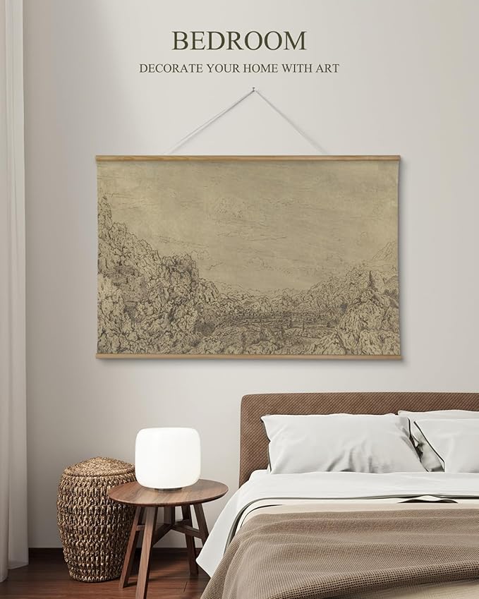 ARPEOTCY Extra Large Vintage Framed Wall Art, 36x54 Inch Sketch Valley Mountain Landscape Hanging Canvas Prints, Scroll Wall Decor for Living Room Bedroom, Retro Scenery Pictures Above of Bed