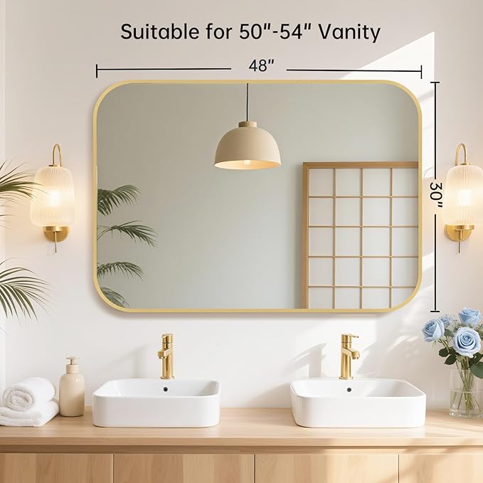 48x30 Inch Gold Bathroom Mirror, Brushed Gold Metal Framed Rectangular Mirror