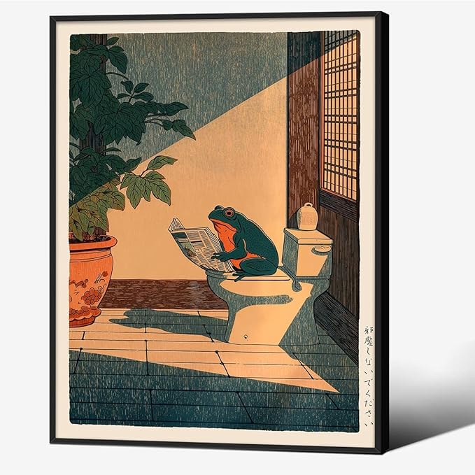 Vintage Japanese Black Framed Wall Art Funny Frog Bathroom Canvas Print Cute