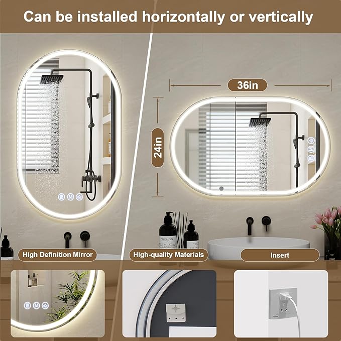 BEAUTYPEAK 36x24 LED Oval Bathroom Mirror