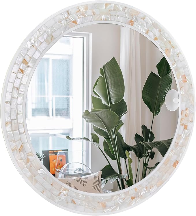 Mosaic Mirrors for Wall 30 Inch, Natural Mother of Pearl Inlay White Framed