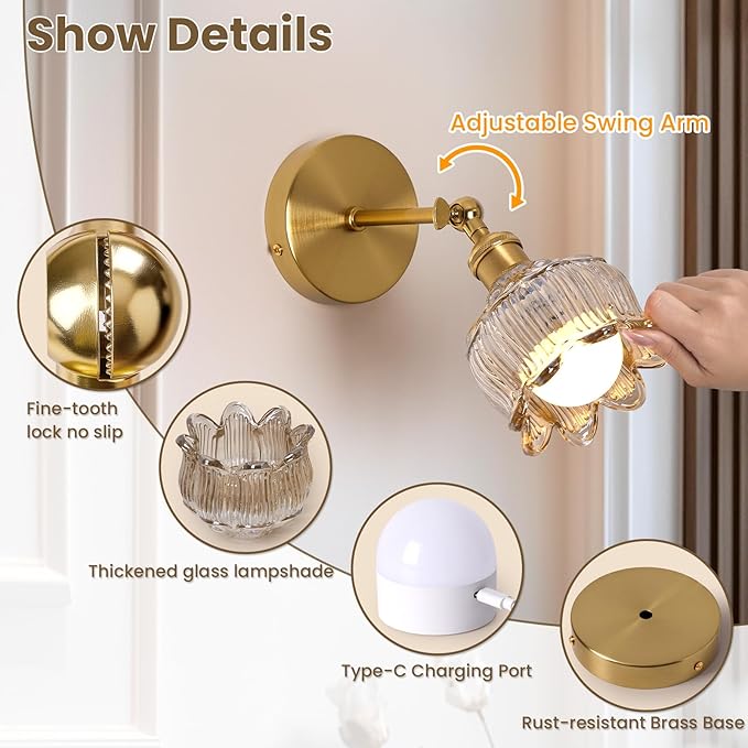 Vintage Battery Operated Wall Sconces - 5000mAh Rechargeable Dimmable Lights -